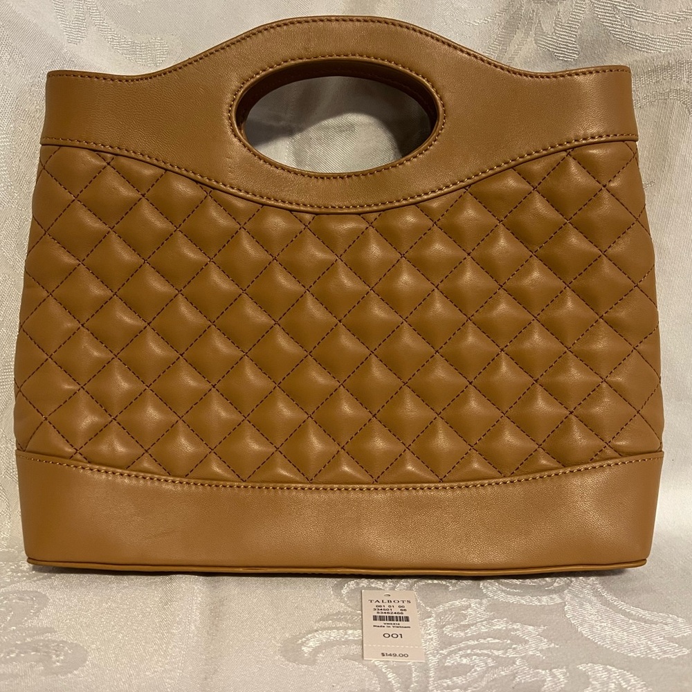 Talbots tan quilted leather clutch with gold hardware and zipper closure